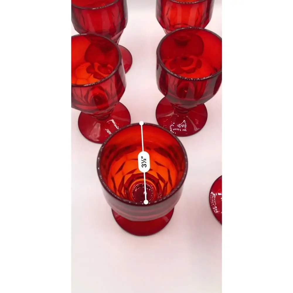 8 Vtg Ruby Red Octagonal Glass Goblets MCM Diamond Geometric Glasses 5